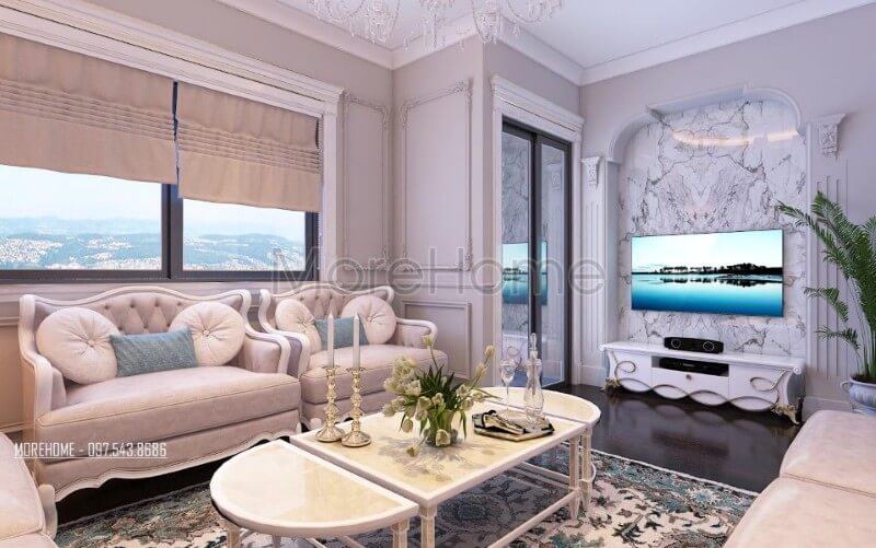Thiết kế nội thất chung cư Ruby Tower đẹp phong cách tân cổ điển Thiết kế nội thất phòng khách đẹp cho chung cư 2 phòng ngủ
