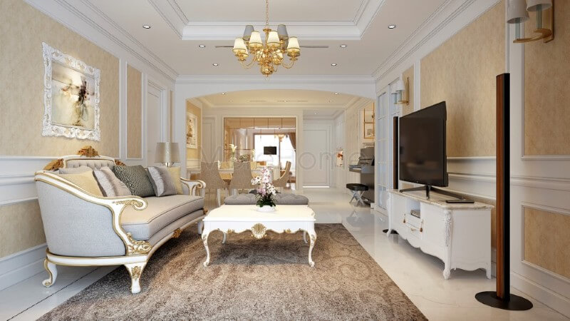 Mẫu thiết kế nội thất căn hộ Hoàng Anh Gia Lai cao cấp phong cách tân cổ điển Thiết kế nội thất phòng khách đẹp cho chung cư 2 phòng ngủ