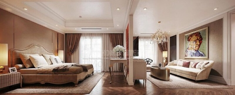 Thiết kế nội thất phòng ngủ master ấn tượng với sự phân tách thành phòng ngủ và phòng giải trí nhưng vẫn tạo nên sự thông thoáng, sang trọng. Thiết kế nội thất