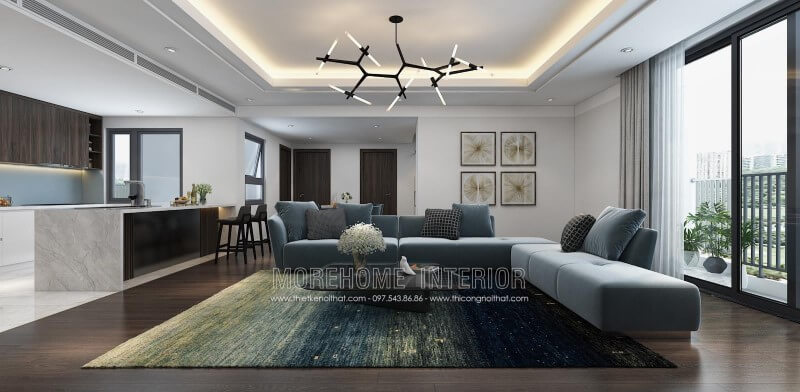 Sofa L bọc nỉ màu xanh nhạt mang lại cảm giác nhẹ nhàng, thanh thoát cho phòng khách Thiết kế nội thất