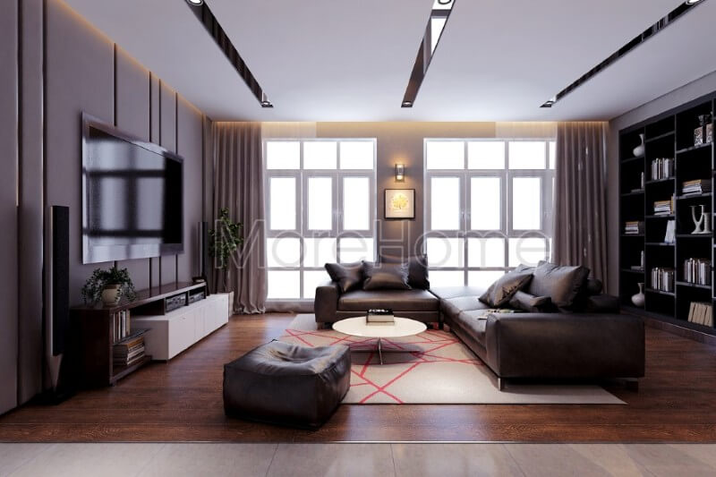 Việc bố trí hợp lí cũng như sử dụng khéo léo gam màu tối tinh tế, nội thất phòng khách chung cư trở nên sang trọng mà không kém phần ấm áp Thiết kế nội thất phòng khách chung cư hiện đại, đẹp