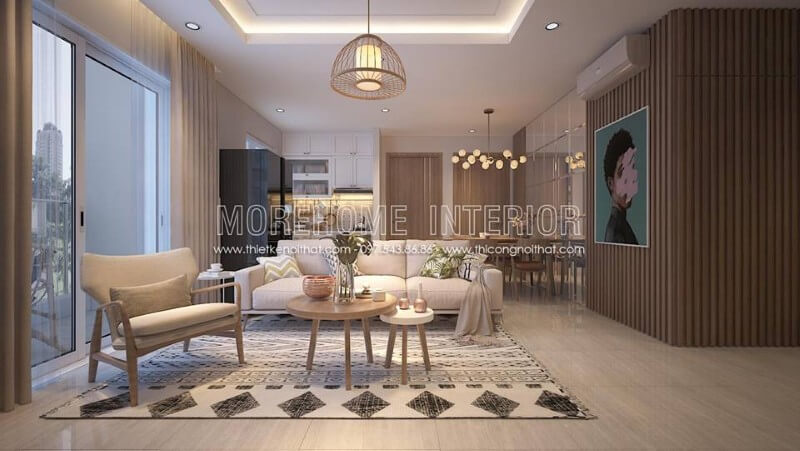 Không gian phòng khách với đồ nội thất cần thiết thiết kế hiện đại ấn tượng được phân cách bởi tấm thảm trải sàn họa tiết lạ mắt, mang đến sự thu hút đặc biệt Thiết kế nội thất phòng khách chung cư hiện đại, đẹp