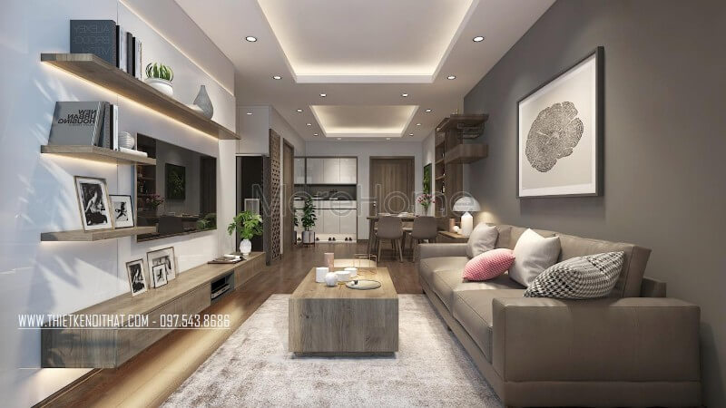 Phòng khách nhỏ được thiết kế tối giản nhưng tiện nghi và sang trọng, gam màu xám làm chủ đạo hài hòa. Thiết kế nội thất phòng khách chung cư hiện đại, đẹp