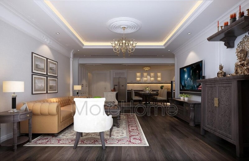 Khu vực tâm linh rất trang nghiêm và thành kính với tủ thờ dưới bày tượng phật bà quan âm và bản thờ trên bày bát hương thờ cúng gia tiên Bàn thờ chung cư