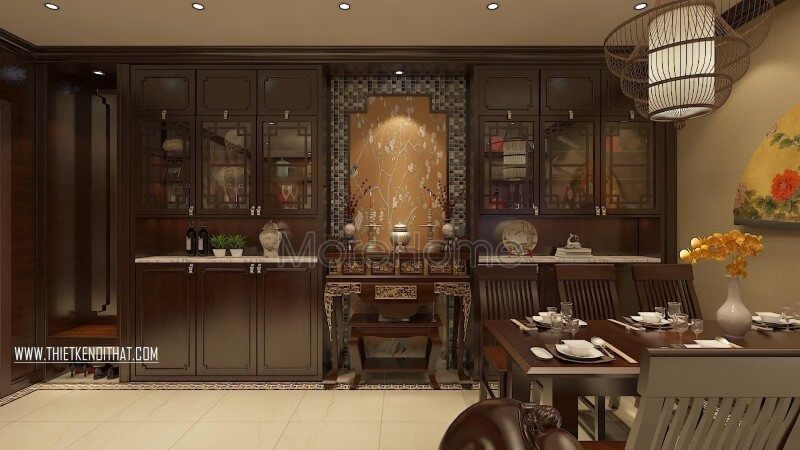 Mẫu bàn thờ gỗ chung cư thiết kế ấn tượng phù hợp với kiểu phong cách thiết kế Á Đông Bàn thờ chung cư