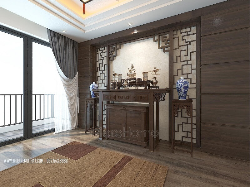 Mẫu bàn thờ chung cư hiện đại với thiết kế nhỏ gọn kết hợp vách cnc cách điệu mang đến sự sang trọng cho không gian phòng thờ. Bàn thờ chung cư