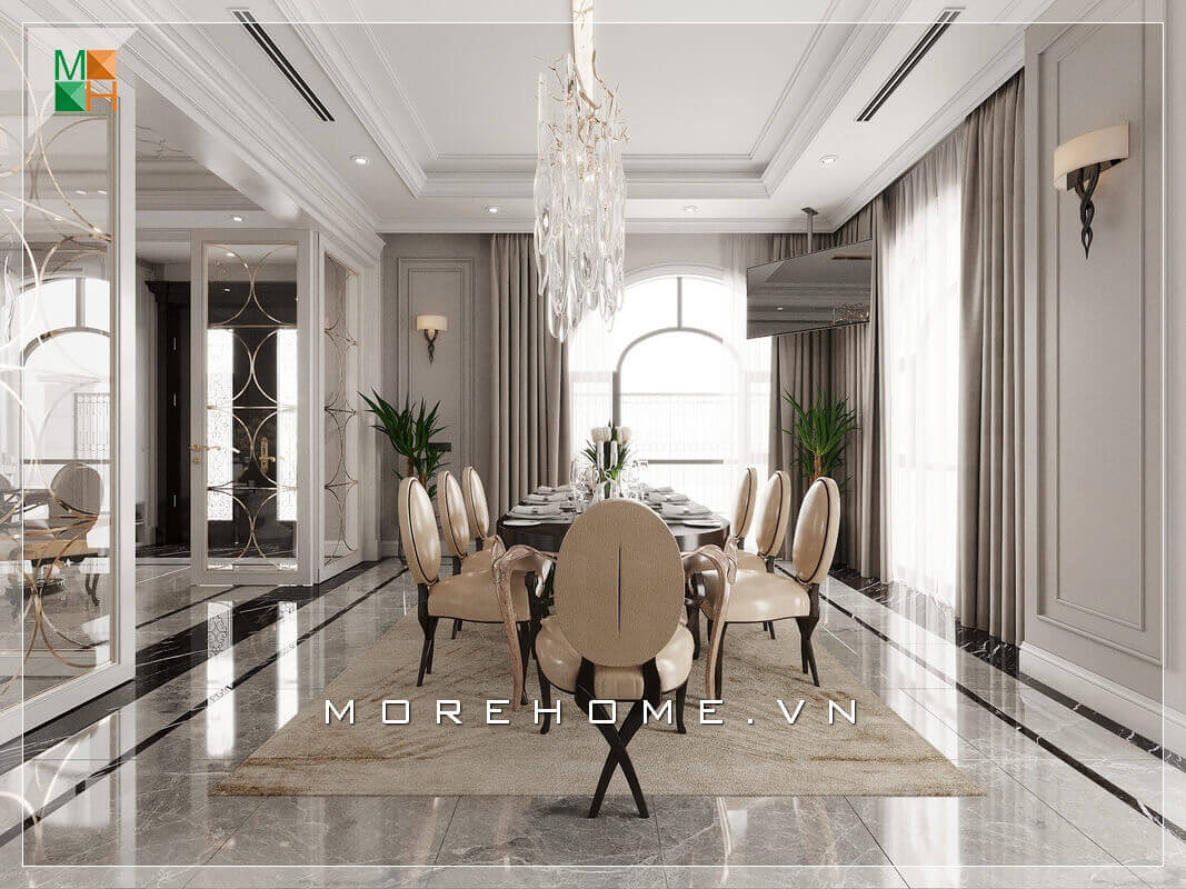 Gợi ý mẫu thiết kế phòng ăn đẹp tân cổ điển sang trọng, đẳng cấp cho biệt thự, nhà phố và chung cư cao cấp. thiết kế chung cư cao cấp