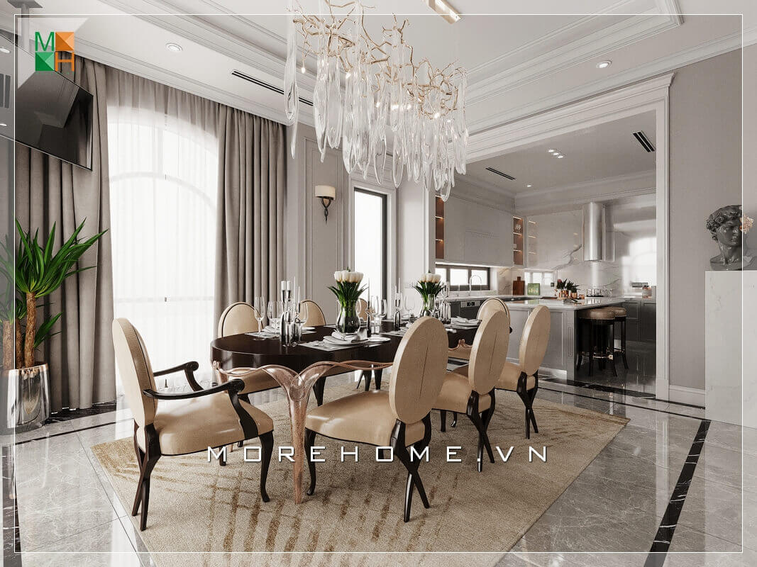 Thiết kế nội thất phòng bếp và phòng ăn đẹp theo phòng cách tân cổ điển cho biệt thự, nhà phố, chung cư cao cấp. thiết kế chung cư cao cấp