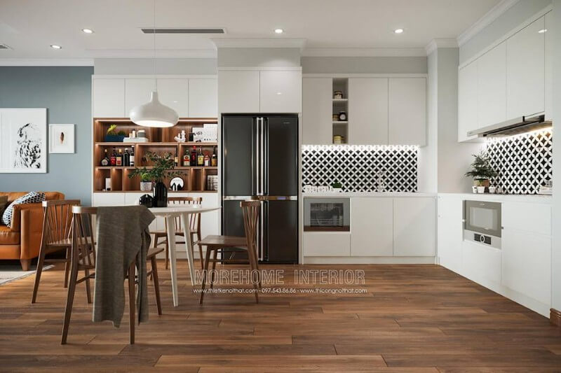 Khu vực bếp được thiết kế nhỏ gọn liên kết trực tiếp với phòng khách  Thiết kế phòng bếp chung cư