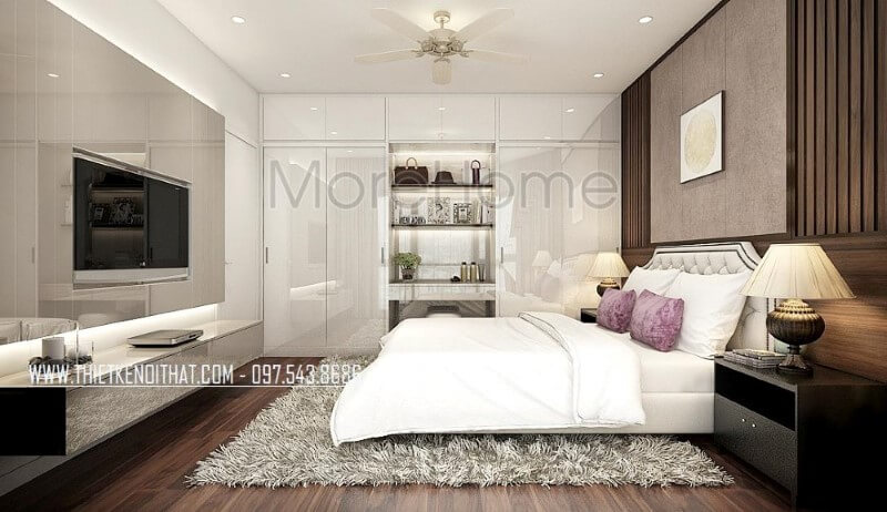 Tủ quần áo hiện đại vừa làm bàn trang điểm vừa để đồ trang trí vừa tận dụng không gian để quần áo với cửa 4 cánh cùng hệ tủ để đồ trên khá ngăn nắp giúp phòng ngủ trở nên gọn gàng, đẹp nhưng vẫn toát lên vẻ sang trọng, độc đáo. Thiết kế nội thất chung cư đẹp, hiện đại
class=