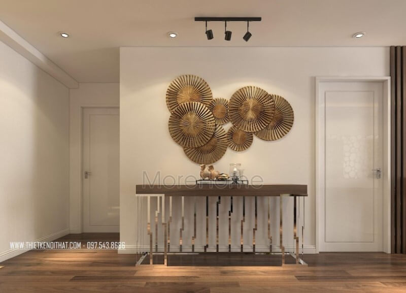 Thiết kế mẫu kệ decor gỗ óc chó hiện đại cao cấp tinh tế chân inox mạ vàng cho căn hộ chung cư Imperia Garden Hà Nội Trang trí nội thất chung cư trẻ trung, sang trọng và đẳng cấp