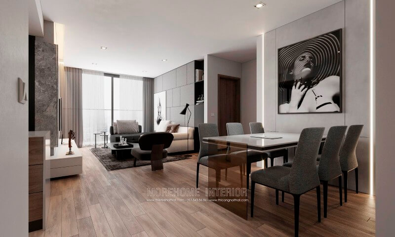 Thiết kế chung cư hiện đại,khu vực sinh hoạt chung được thiết kế liền kề, phần cửa hướng ra ban công kích thước lớn mang lại ánh sáng và không khí trong lành cho căn phòng bớt ngột ngạt Trang trí nội thất chung cư trẻ trung, sang trọng và đẳng cấp