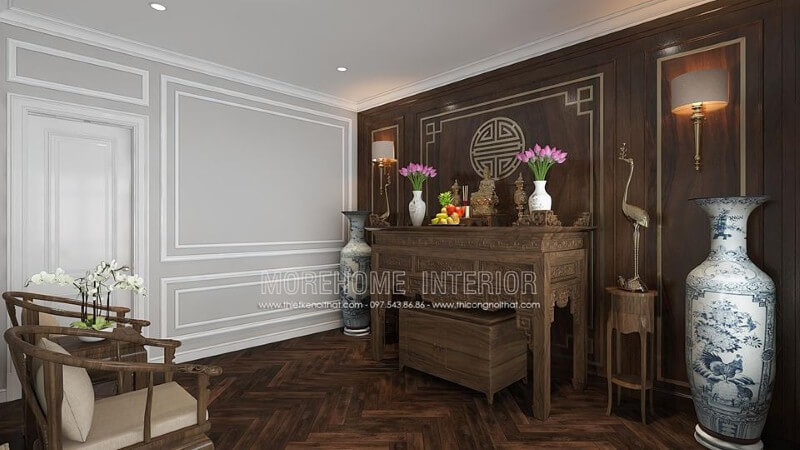 Bố trí phòng thờ gỗ óc chó đẹp cho nhà chung cư cao cấp, nhà phố, biệt thự. Thiết kế nội thất chung cư