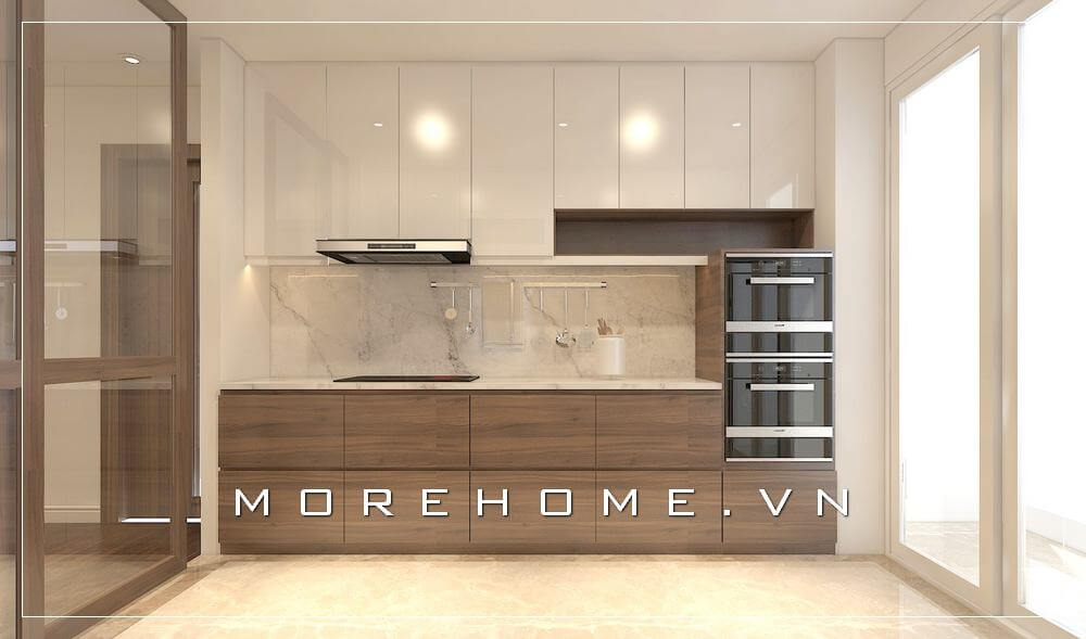 Thiết kế nội thất phòng bếp chung cư hiện đại, kết hợp ánh sáng tự nhiên giúp không gian căn phòng sáng và thoáng mát hơn Thiết kế nội thất chung cư