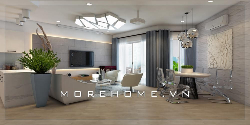 Trang trí nội thất phòng khách liền phòng ăn phong cách hiện đại sử dụng tone màu trắng tạo cảm giác tươi mới và thoáng mát cho ngôi nhà Thiết kế chung cư