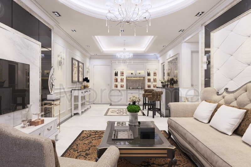 Bộ sofa bọc nỉ khá đơn giản nhưng vẫn là điểm nhấn chính trong không gian phòng khách. Sự tối giản của bộ sofa chữ i và một chiếc sofa đơn tạo hiệu ứng không gian tiếp khách thêm phần sang trọng và rộng lớn hơn Mẫu nội thất chung cư đẹp