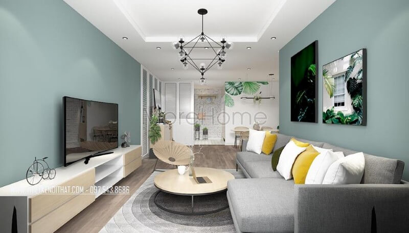 Thiết kế nội thất phòng ngủ chung cư nổi bật với gam màu xanh mát mẻ, bộ sofa ấn tượng Thiết kế phòng khách chung cư