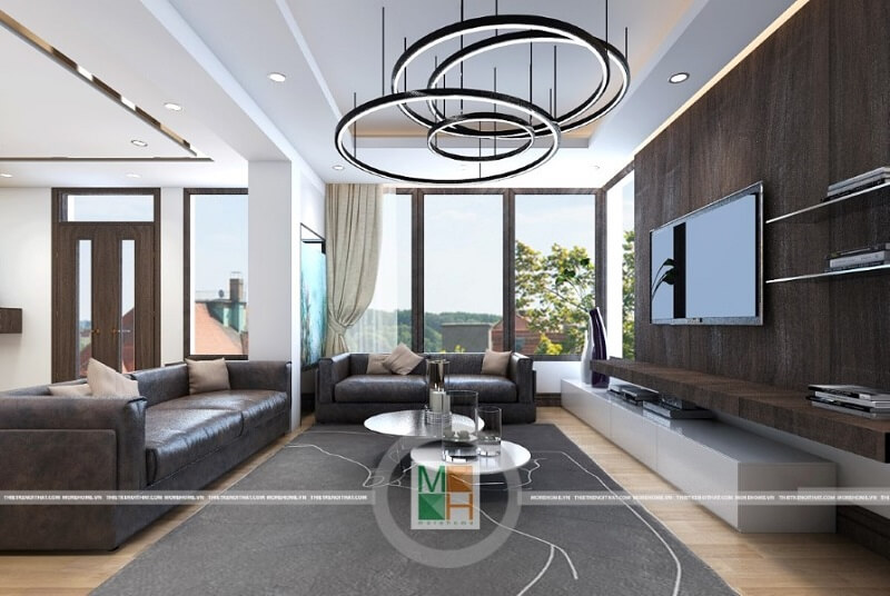 Mẫu thiết kế phòng khách chung cư hiện đại với bộ sofa bọc da cao cấp tạo điểm nhấn nổi bật cho căn phòng Thiết kế phòng khách chung cư