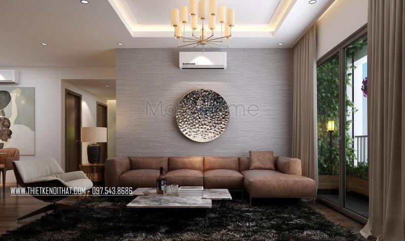 Nội thất phòng khách chung cư hiện đại đầy ấn tượng, gam màu nâu trầm ấm áp Thiết kế phòng khách chung cư