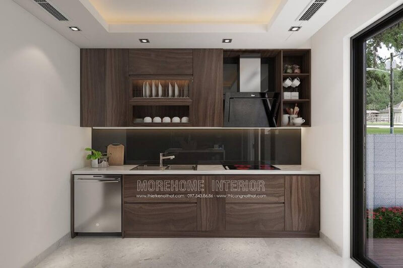 Tủ bếp có máy rửa bát được bố trí khá hợp lý để tạo nên không gian bếp đẹp, hiện đại, khoa học. mẫu tủ bếp gỗ công nghiệp An Cường
