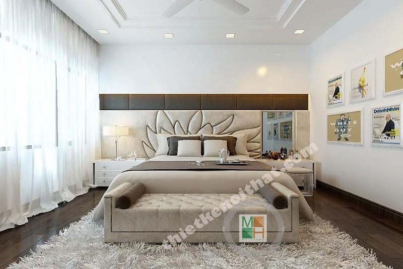 Mẫu giường ngủ đẹp bọc nỉ đầu giường cùng cách trang trí họa tiết ấn tượng tô thêm sắc màu cho phòng ngủ thiết kếphòng ngủi