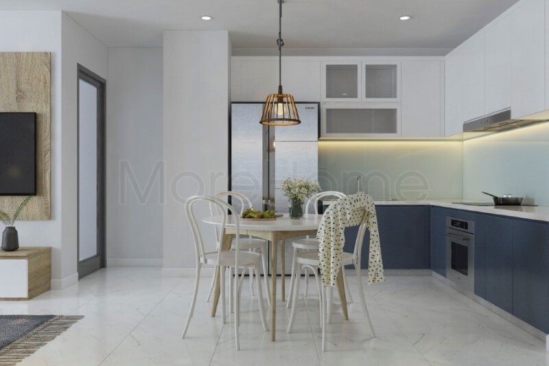 Tủ bếp hiện đại kiểu dáng chữ L được bố trí khoa học có thể tận dụng được góc khuất tạo nên không gian rộng và thoáng hơn