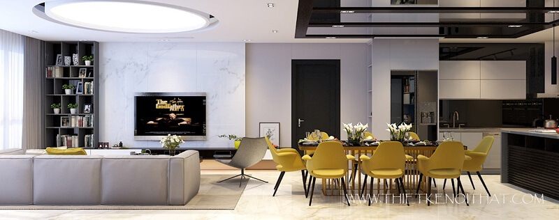 Thiết kế nội thất chung cư tiện nghi sử dụng chất liệu nhẹ, kiến trúc sư cũng khéo léo tạo độ thoáng và mở hơn cho căn phòng, tránh các cấu trúc built-in phức tạp, chắn tầm nhìn và tăng độ bí cho căn nhà.
