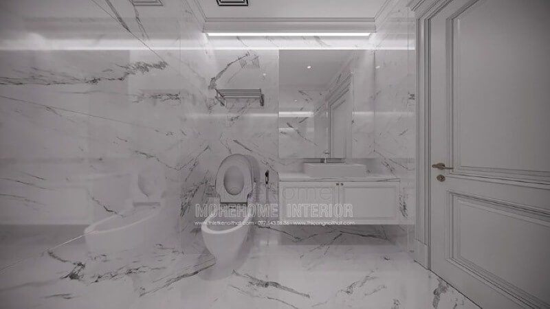 Sắp xếp phòng vệ sinh nhỏ đẹp ấn tượng với đá lát nền, ốp tường đồng bộ tạo nên sự độc đáo, mới lạ cho không gian.