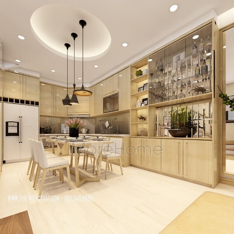 Mẫu bàn ghế ăn gỗ tự nhiên, màu nâu sáng với ghế ăn bọc sofa da đẹpcao cấp tạo không gian ấm cúng cho gia chủ