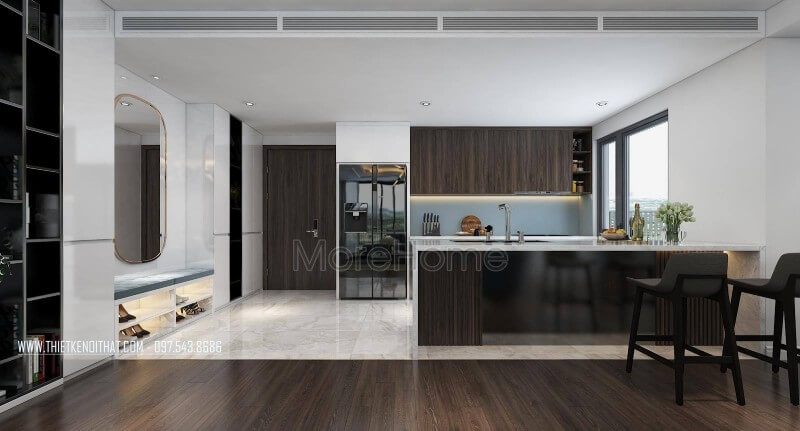 Thiết kế nội thất không gian phòng bếp đa năng với mẫu tủ bếp gỗ công nghiệp tinh tế.