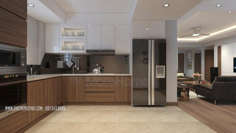 Tủ bếp dưới sử dụng chất liệu gỗ công nghiệp dán Veneer, tủ bếp trên được sử dụng với chất liệu gỗ công nghiệp phủ bề mặt acrylic tiện nghi, đa năng