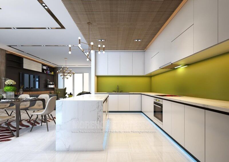 Thiết kế tủ bếp gỗ màu trắng ấn tượng, thiết kế bàn đảo liền kề mang lại sự tinh tế và tiện nghi