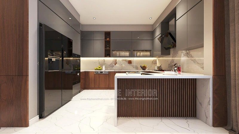 Tủ bếp gỗ acrylic đẹp sang trọng cho phòng bếp chung cư, nhà phố, biệt thự hiện đại.