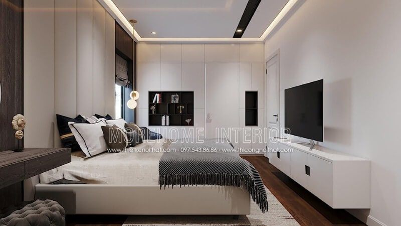 Phòng ngủ hiện đại đẹp ấn tượng với nội thất gỗ công nghiệp sơn trắng.