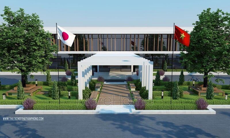 Thiết kế tòa nhà văn phòng hiện đại nằm ở vị trí trung tâm thuận lợi cho đi lại, làm việc với sự kết hợp ngoại thất không gian xanh mang đến một không gian làm việc lí tưởng