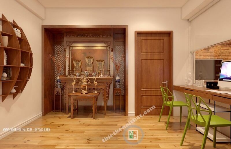 Mẫu thiết kế phòng thờ đẹp sử dụng mẫu bàn thờ tân cổ điển kết hợp dụng vách cnc cao cấp mang đến vẻ đẹp trang trọng cho không gian căn phòng
