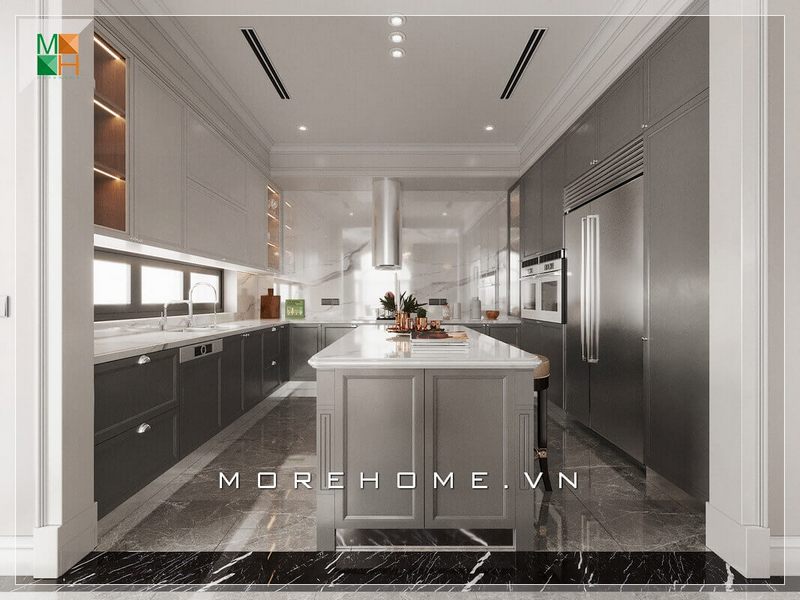 Mẫu tủ bếp thiết kế âm tường vừa hiện đại vừa tối giản hóa diện tích căn phòng ăn lại có tính thẩm mỹ cao.