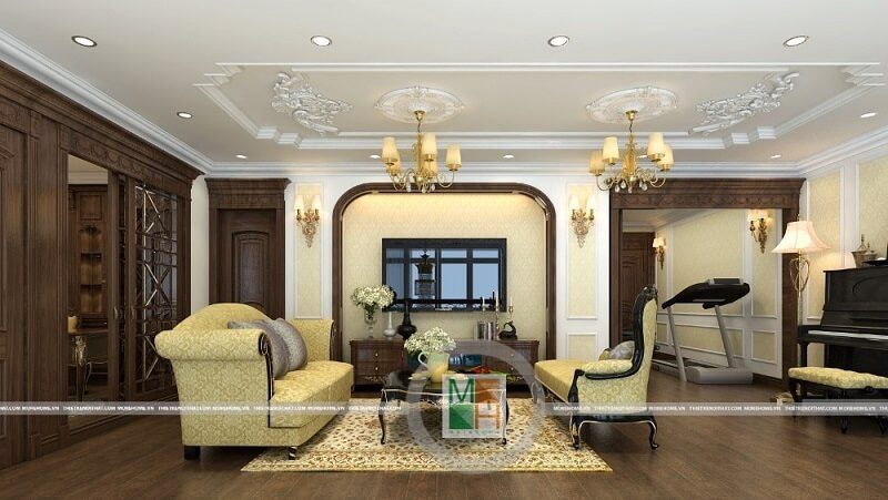 Mẫu thiết kế nội thất chung cư đẹp với bộ sofa bọc vải nhung tân cổ điển màu vàng ánh kim ấn tượng, điểm nhấn nổi bật cho không gian căn phòng.