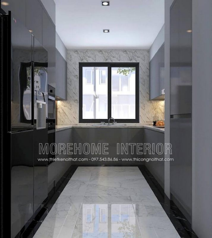 Với không gian bếp không được lớn, bạn nên bố trí nội thất với tủ bếp hình chữ U hiện đại gỗ acrylic trong đây với một bên bố trí tủ lạnh, lò vi sóng, lò nướng một bên là bếp từ nấu và tủ bếp đựng bát đĩa, xoong nồi cần thiết và ở giữa là chậu rửa là một trong những gợi ý giúp không gian bếp được phát huy tối đa công năng.