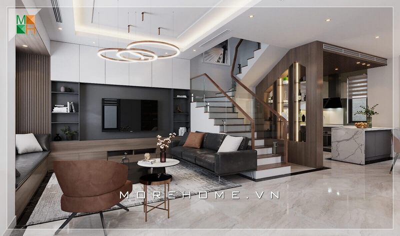 Bố trí nội thất phòng khách liền bếp đẹp cho biệt thự, nhà phố, căn hộ cao cấp.