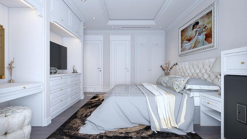 Phong cách tân cổ điển với gam màu trắng này sẽ giúp phòng ngủ của căn hộ Times City này thêm hoàn hảo