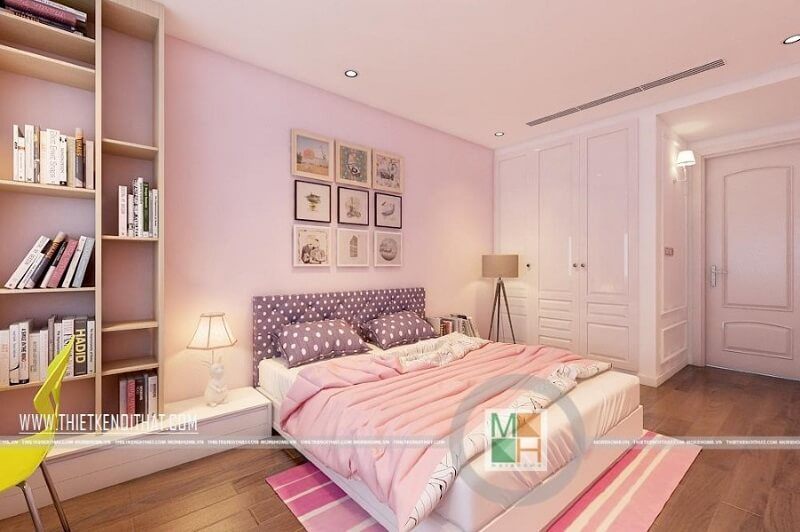 Thiết kế phòng ngủ chung cư nhỏ gọn với tông màu hồng nữ tính được các bé gái rất yêu thích.