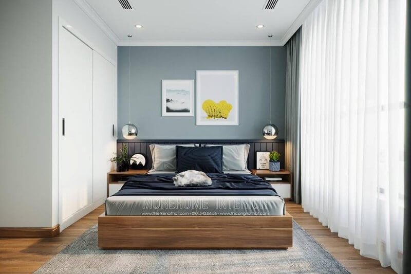 Đồ nội thất như giường ngủ, kệ tivi, tab đầu giường đều làm từ chất liệu gỗ công nghiệp, với thiết kế đẹp mắt, vật liệu an toàn.
