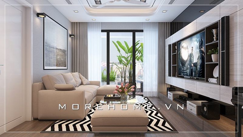 Thiết kế sofa hiện đại trẻ trung vừa thoáng đãng, năng động lại sang trọng với vỏ bọc da màu trắng cao cấp là lựa chọn hoàn hảo cho phòng khách căn hộ chung cư diện tích nhỏ.
