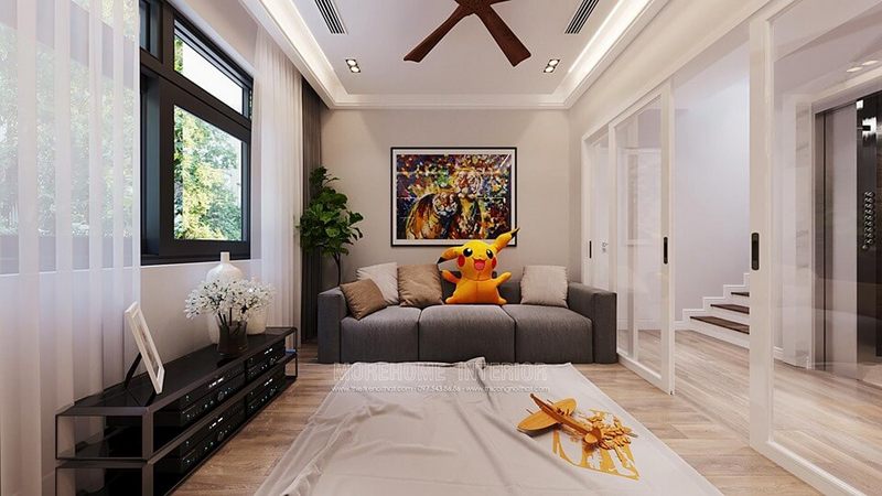Biến không gian hành lang tầng biệt thự thành phòng sinh hoạt nhỏ đẹp với chiếc ghế sofa văng ba hiện đại bọc vải nhập khẩu cao cấp.