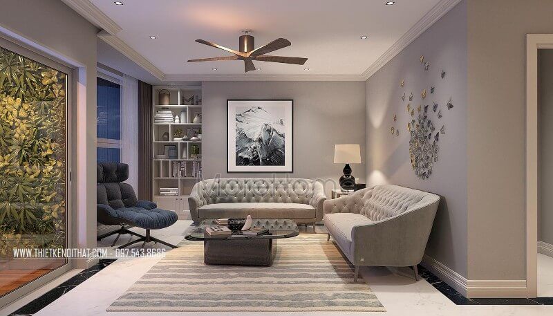 Bộ sofa bọc cao cấp với tông màu xám tương phản với mảng tường góp phần tạo nên sự mới lạ, hiện đại cho không gian phòng khách.