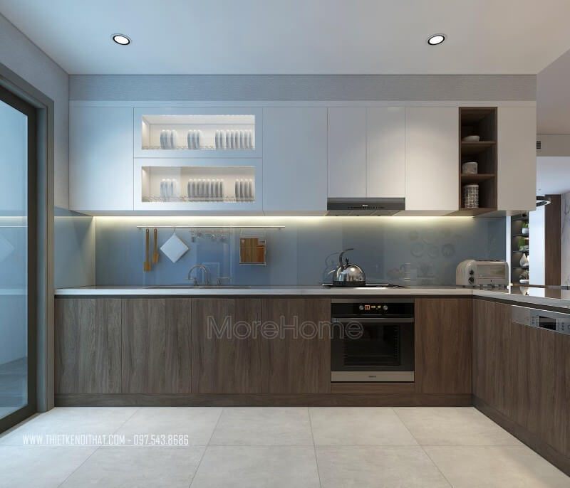 Mang đến sắc xanh của trời vào nơi giữ lửa của gia đình, bạn chọn kính màu ốp bếp tạo sự cao cấp mà thư thái cho cả không gian.
